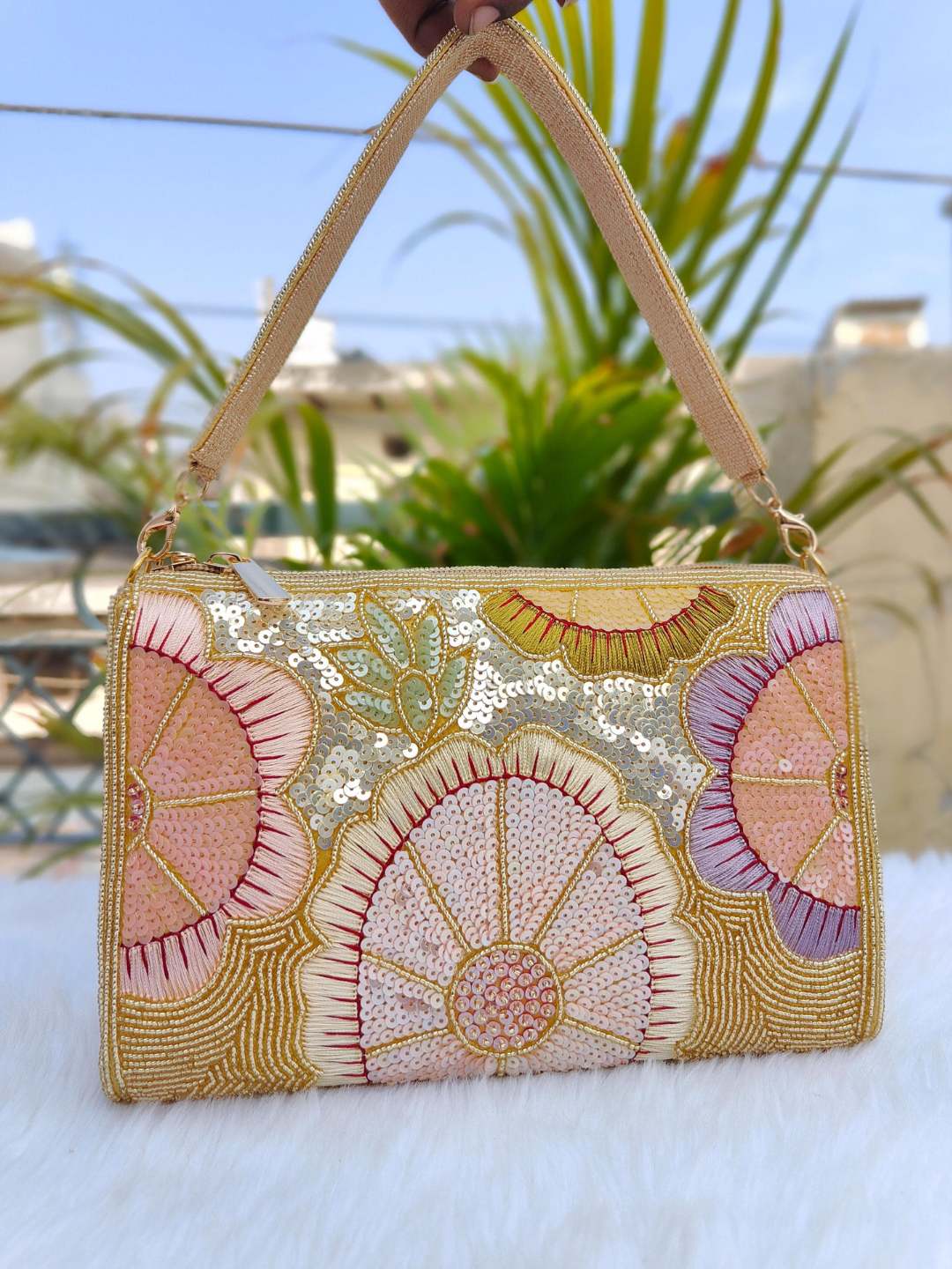 Ishhaara Gold Multi Sequins Designer Flap Clutch