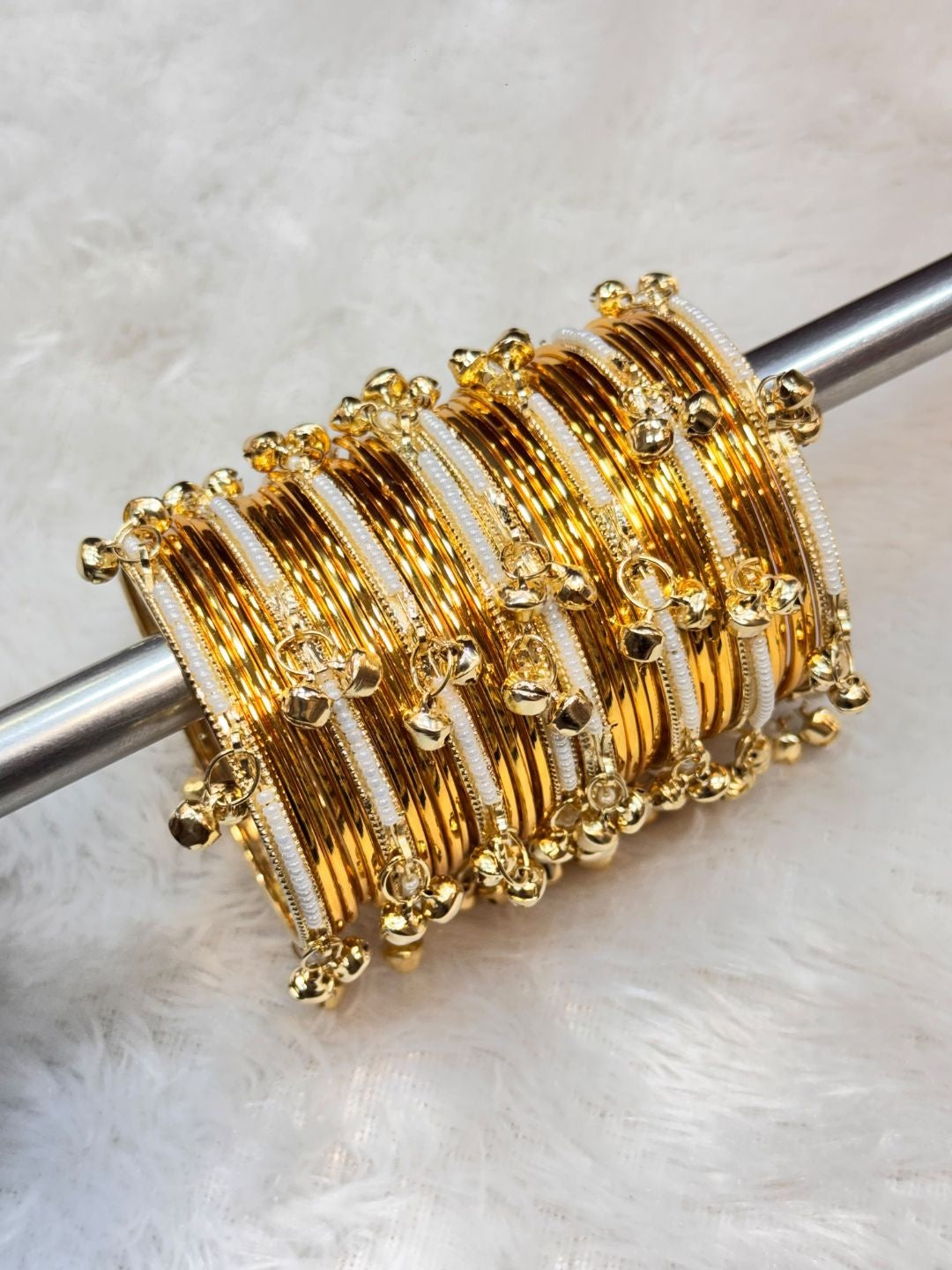 Ishhaara Gold Pearl-Edge Bangle Set with Dangling Bells