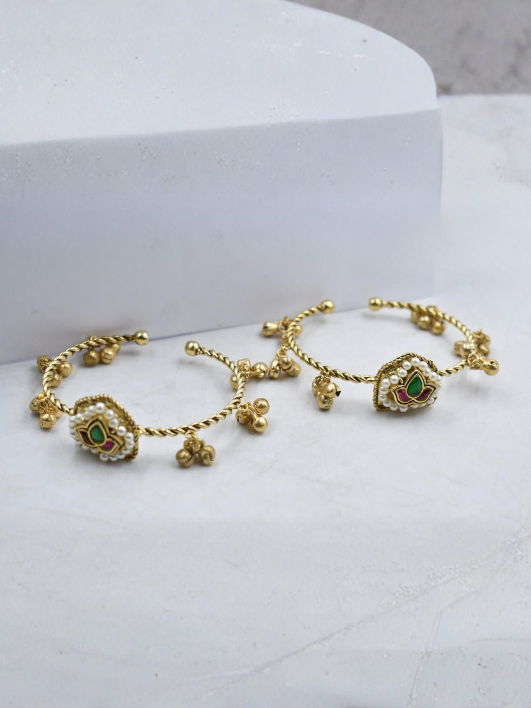 Ishhaara Gold Pearl Kundan Bracelet Pair - handcrafted Indian jewellery