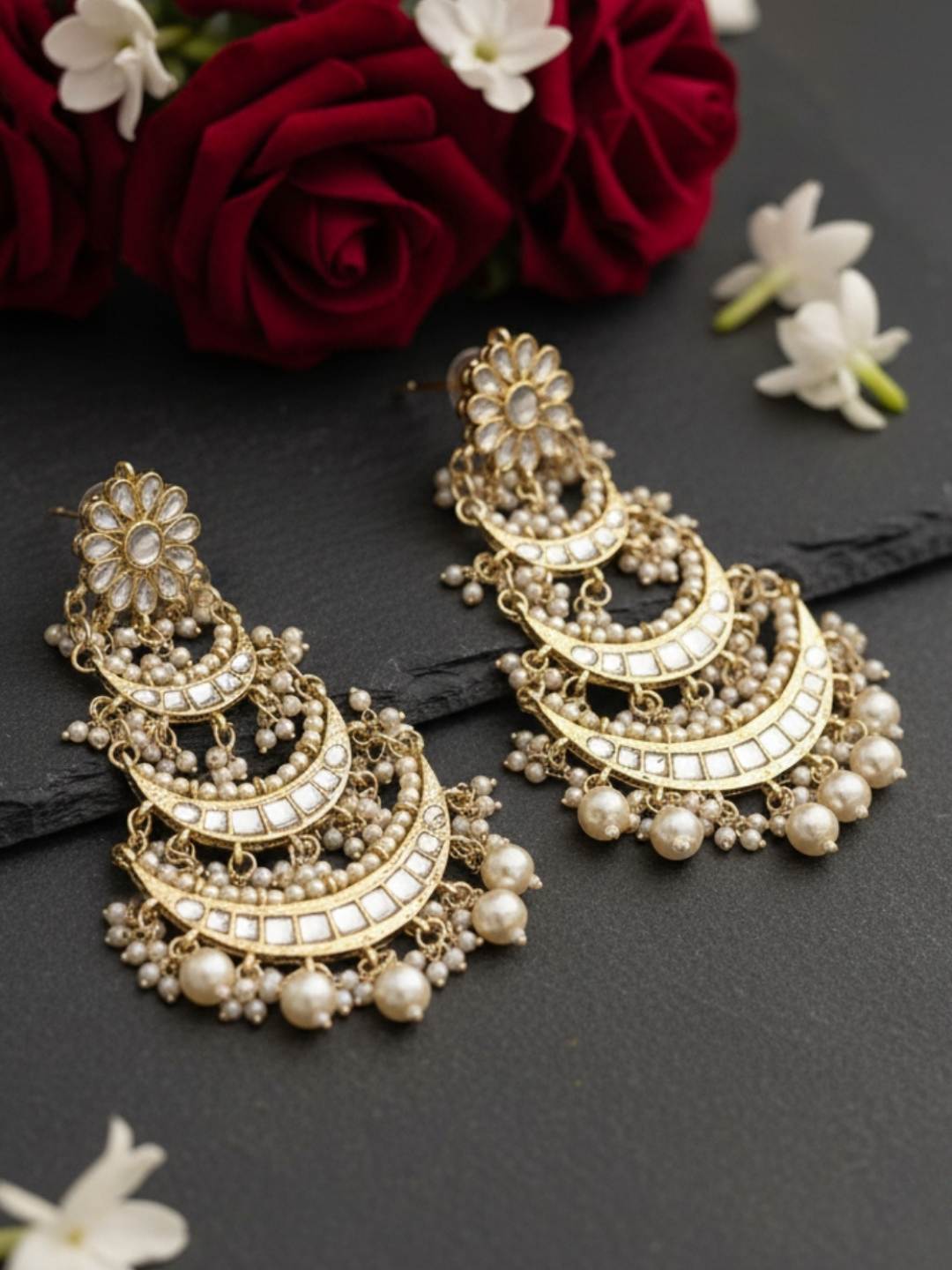 Ishhaara Gold Plated Contemporary Kundan And Pearls Chandbalis