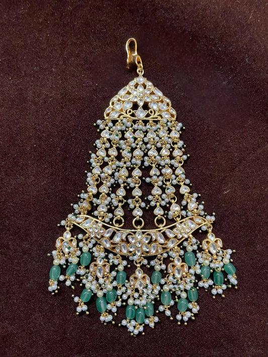 Ishhaara Gold Plated Green Beads Studded Jadau Kundan Pasa
