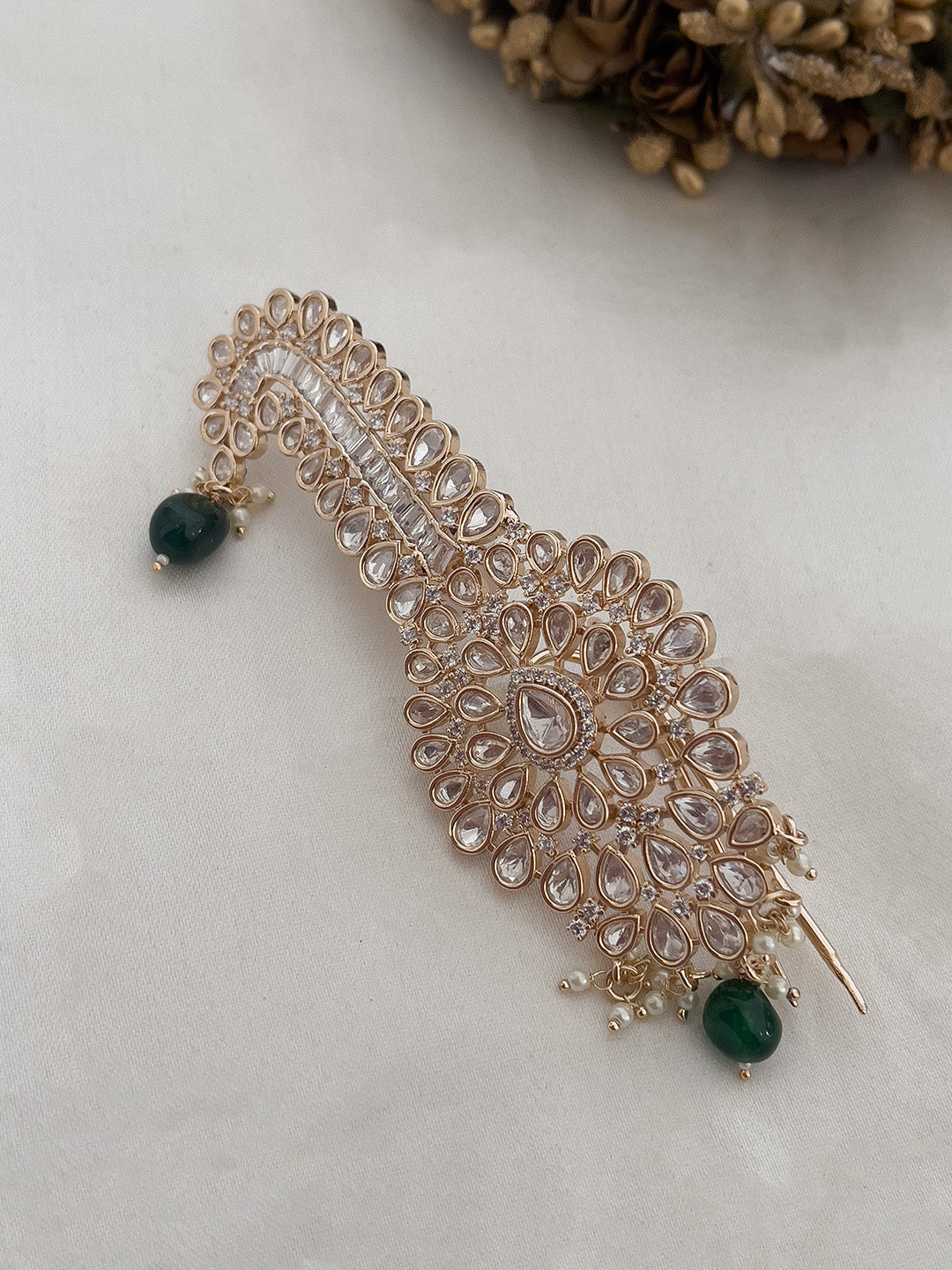 Ishhaara Gold Plated Green Beads Studded Pachi Kundan Kalangi