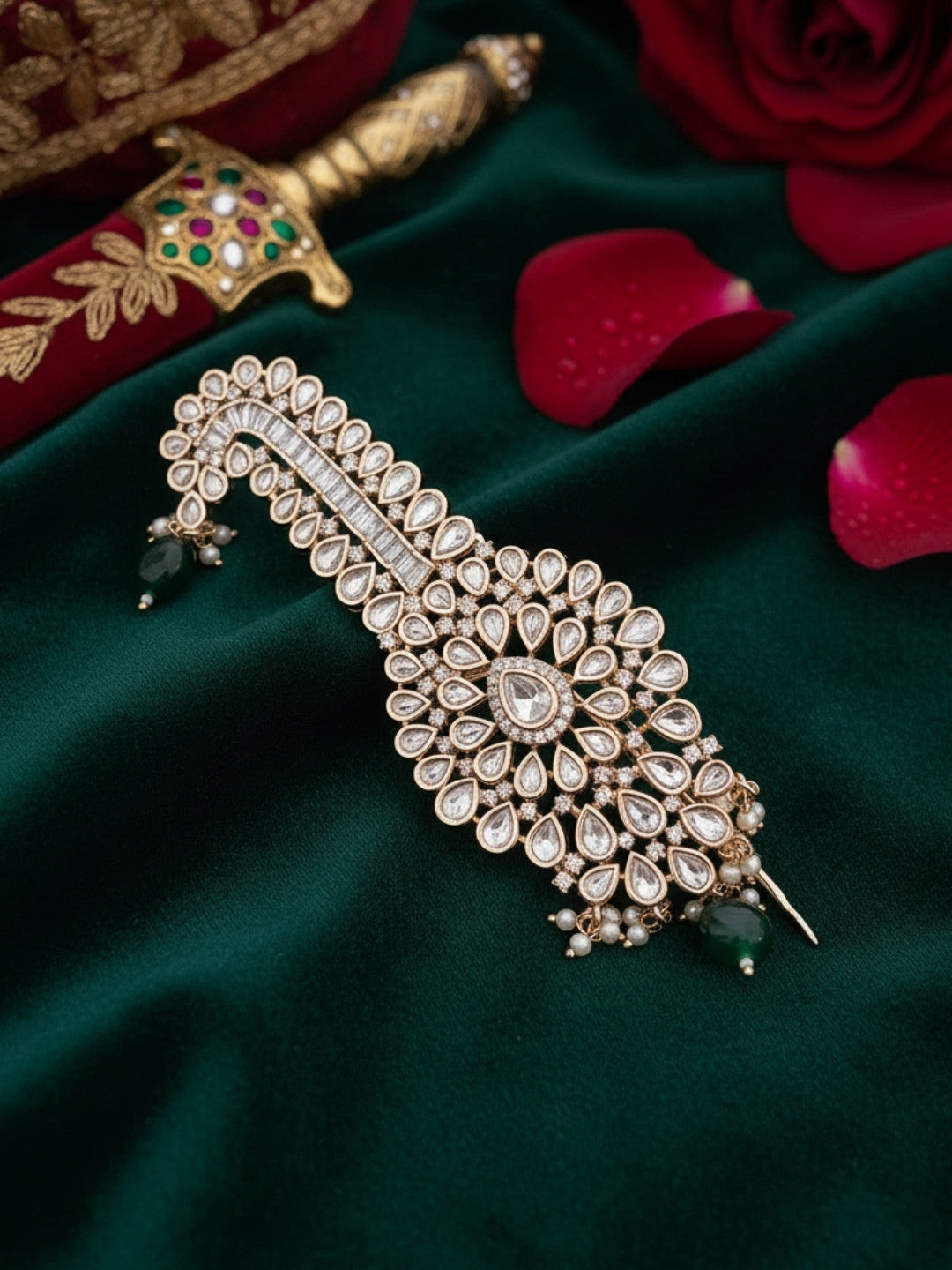 Ishhaara Gold Plated Green Beads Studded Pachi Kundan Kalangi