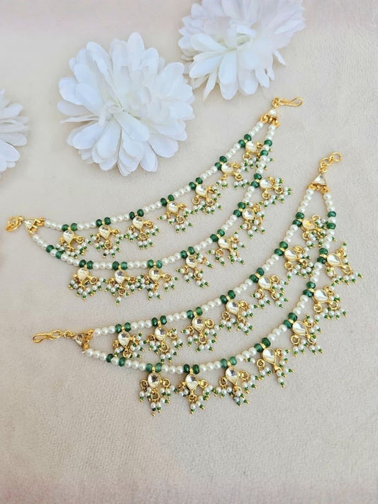 Ishhaara Gold Plated Green Kundan Pearl Earchains