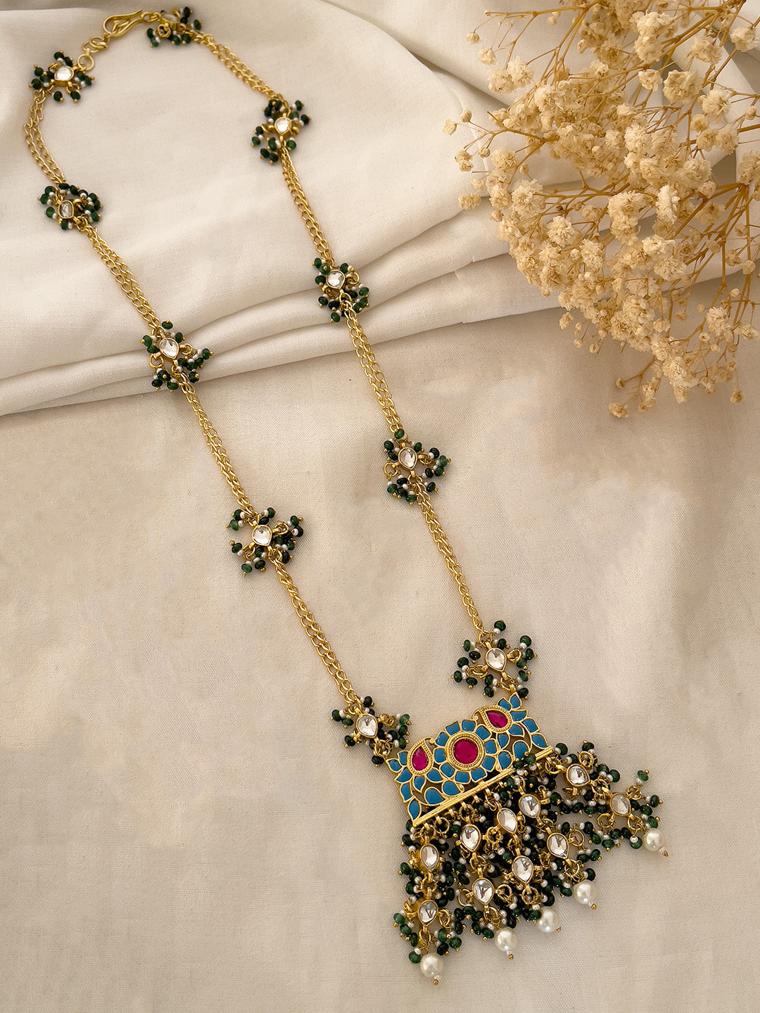 Ishhaara Gold Plated Green Kundan Polki And Pearl Necklace