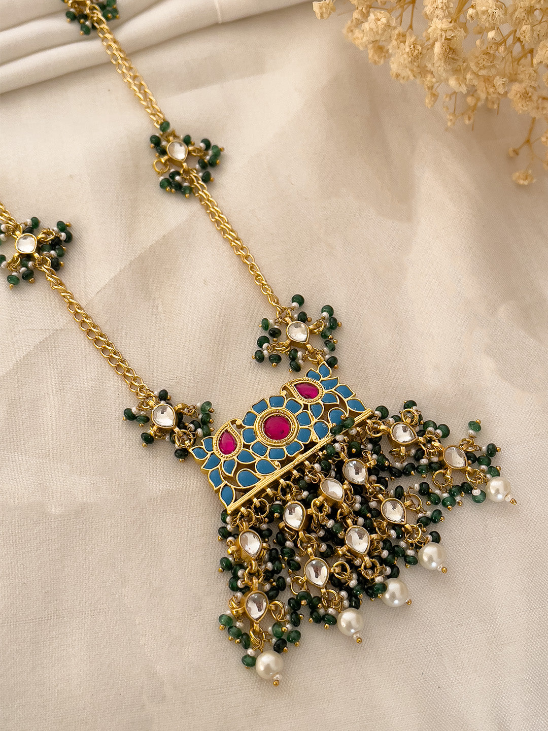 Ishhaara Gold Plated Green Kundan Polki And Pearl Necklace