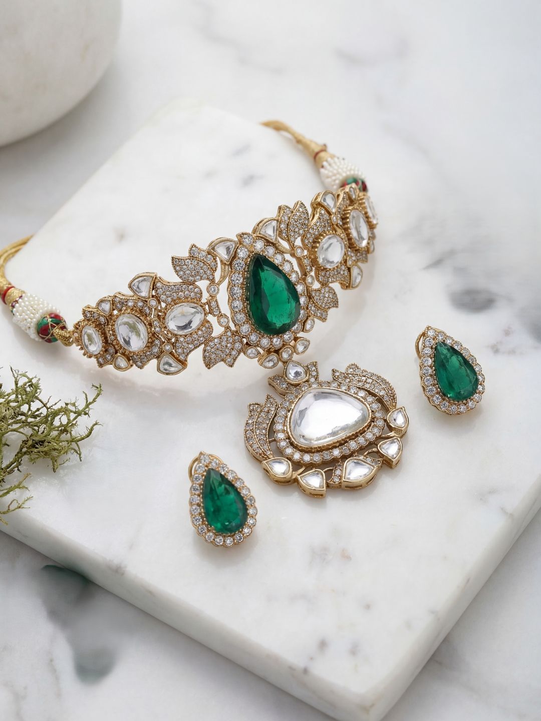 Ishhaara Gold Plated Green Stone Choker Necklace Set