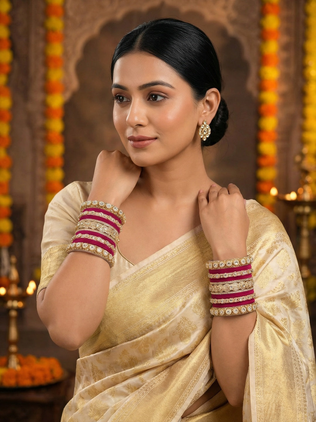 Ishhaara Gold Plated Kundan Bangle Set - A set of gold plated kundan bangles with intricate designs and velvet inner lining - view 13