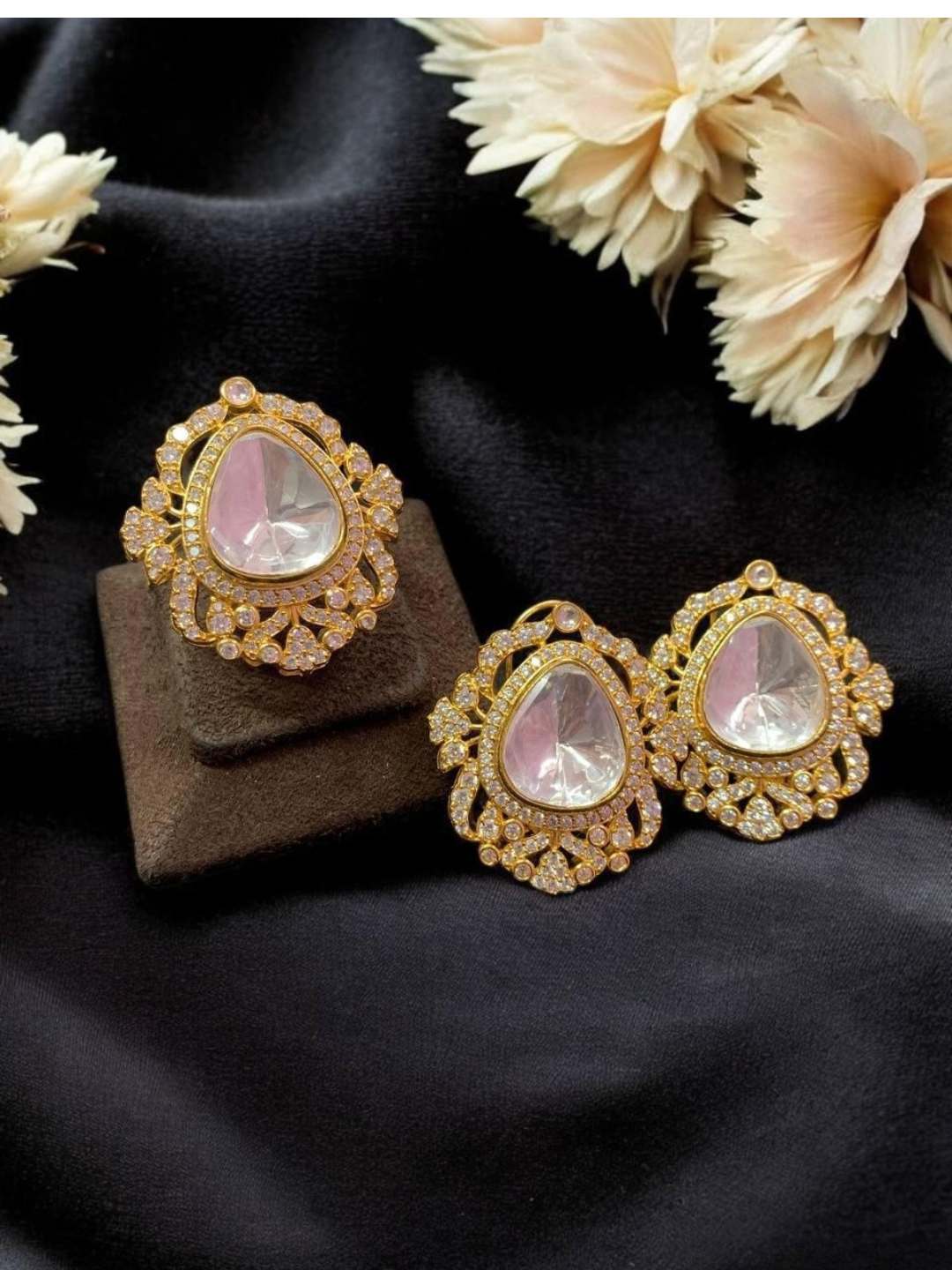 Ishhaara Gold Plated Polki Stud Earrings And Ring Combo