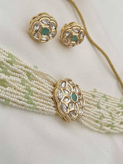 Ishhaara Gold Plated Polki Zirconia & Pearl Beaded Choker Set