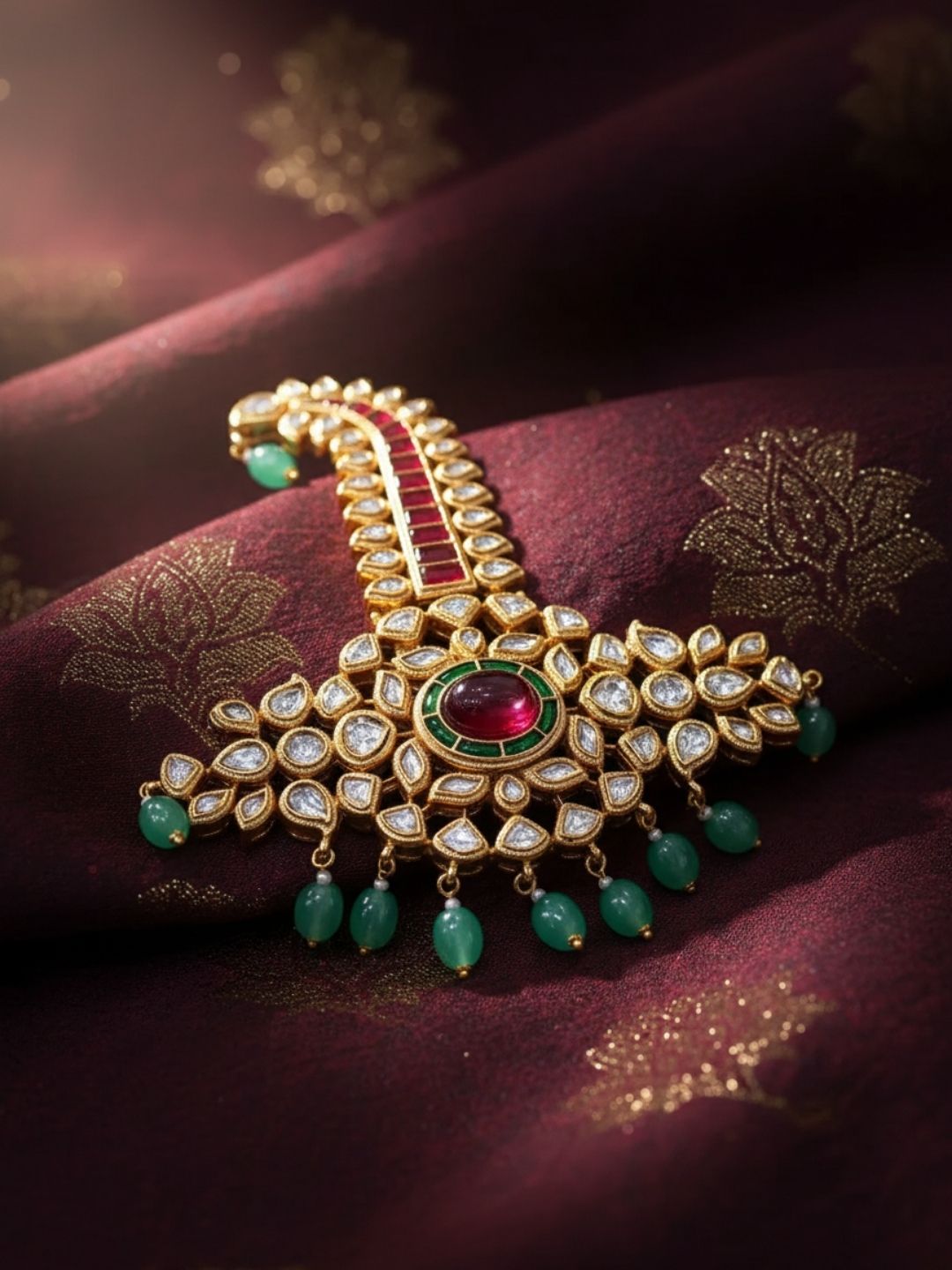 Ishhaara Gold Plated Red And Green Rajput Kundan Kalangi