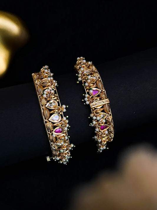 Ishhaara Gold Plated Stones And Pearls Statement Bangle