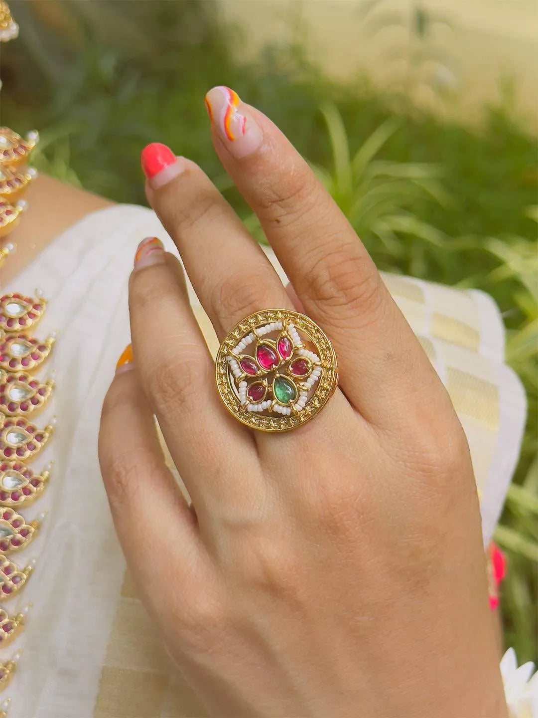 Ishhaara Gold Plated Synthetic Pearls Floral Kundan Ring