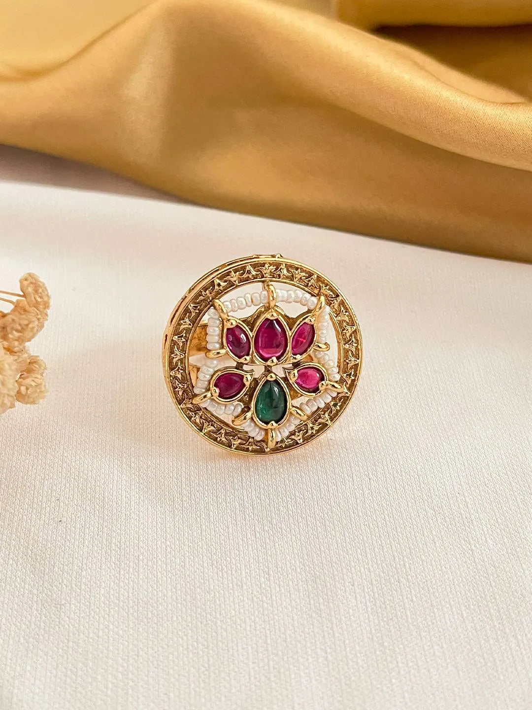 Ishhaara Gold Plated Synthetic Pearls Floral Kundan Ring