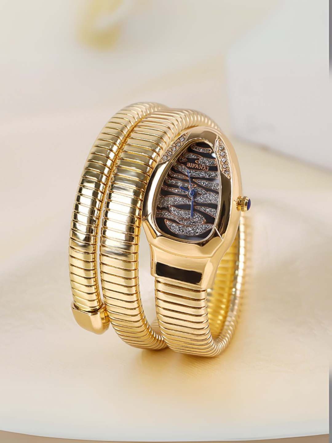 Ishhaara Gold Plated White Black Stripe Dial Silver Stainless Steel Snake Stretchable Watch Bracelet