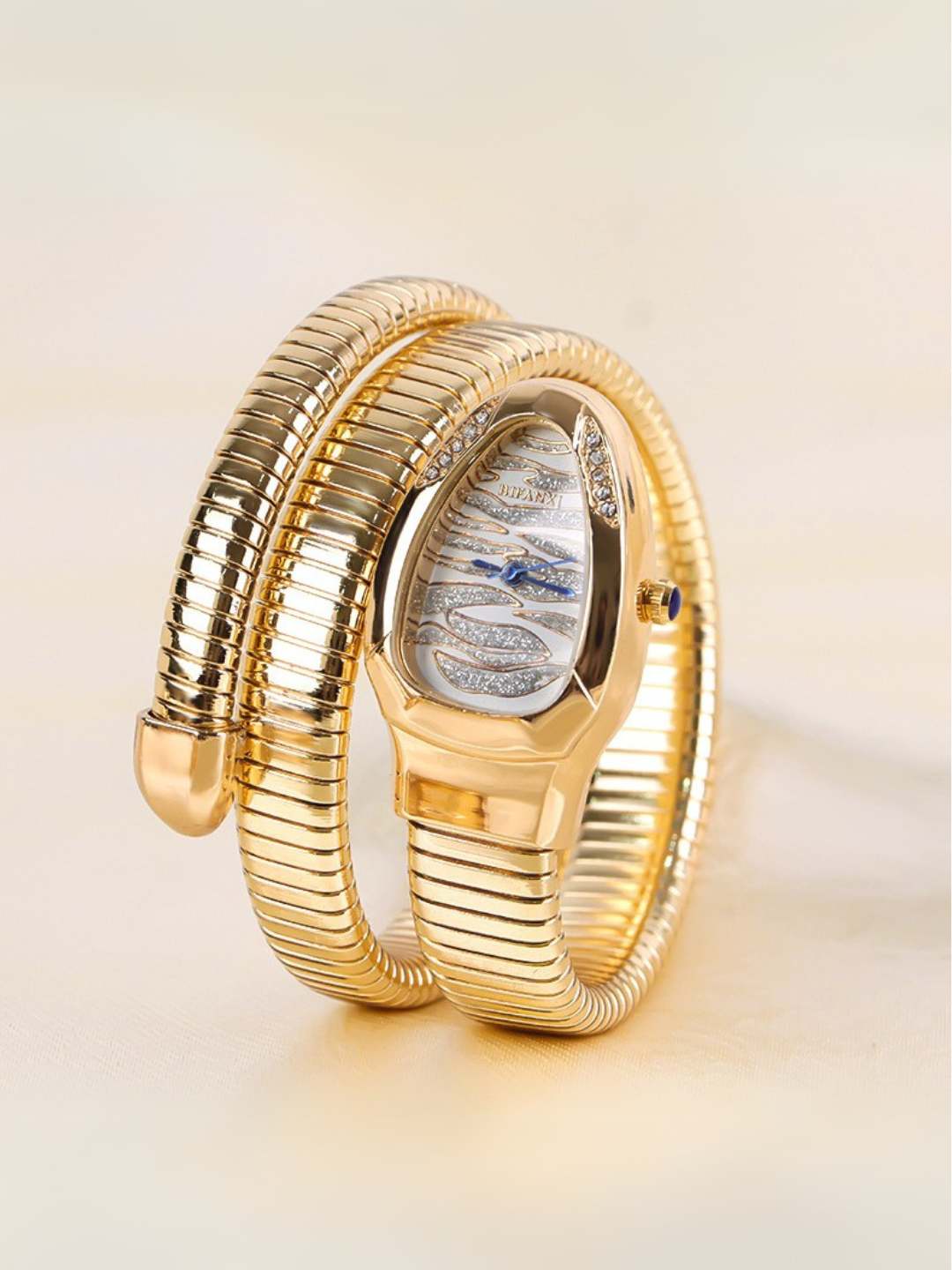 Ishhaara Gold Plated White Blue Stripe Dial Silver Stainless Steel Snake Stretchable Watch Bracelet