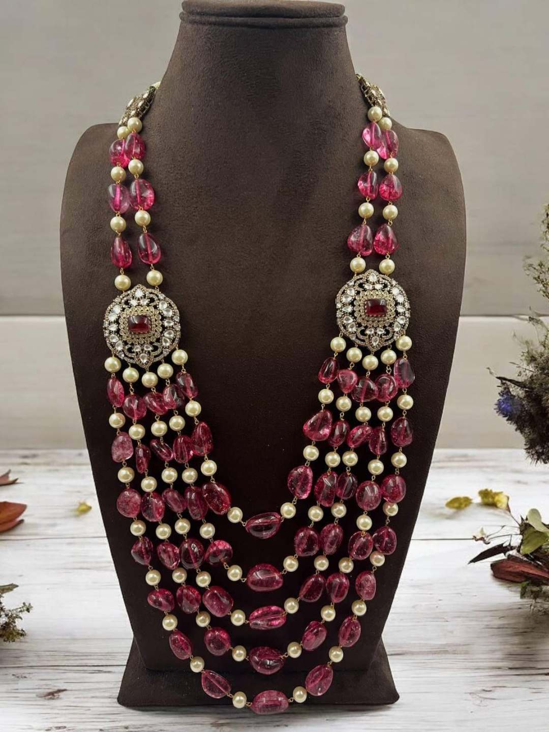 Ishhaara Gold Polki Tourmaline Beads Long Necklace