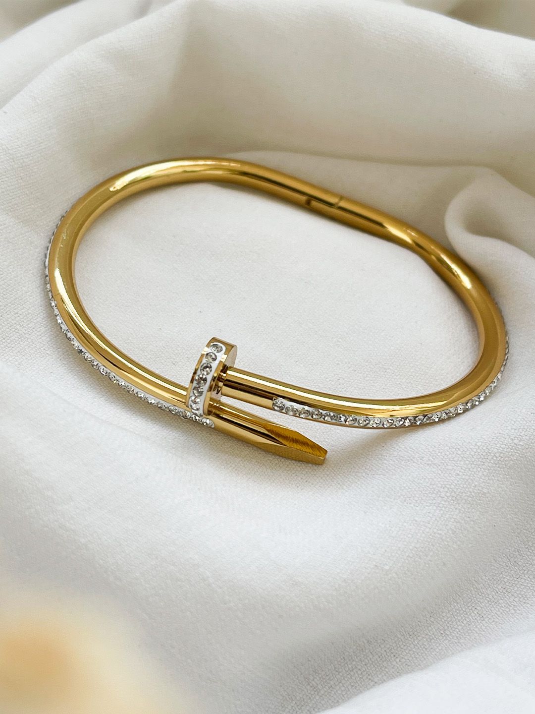 Ishhaara Rose Gold Stainless Steel Stone Studded Nail Bracelet