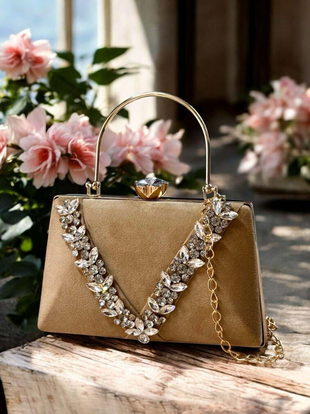 Ishhaara Gold Stone Embellished Velvet Box Clutch