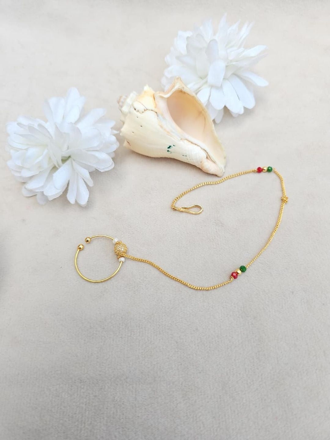 Ishhaara Gold Tone Adjustable Nose Ring With Hair Chain - handcrafted Indian jewellery