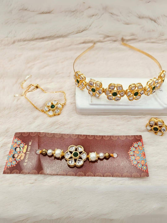 Ishhaara Gold Tone Kundan Studded Hairband And Rakhi Combo