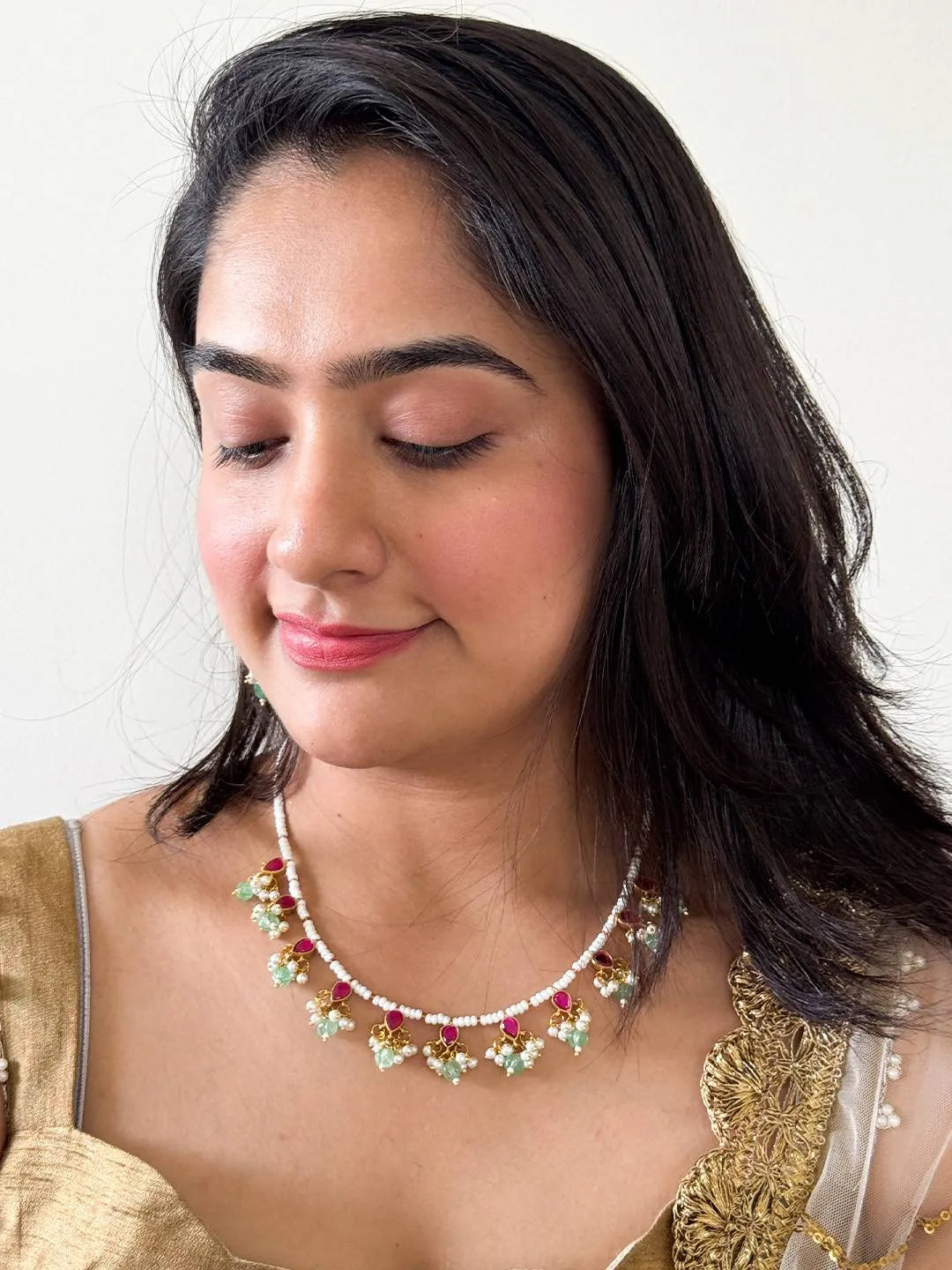 Ishhaara Gold Tone Pink Green Pearl Beaded Kundan Jadau Necklace Set