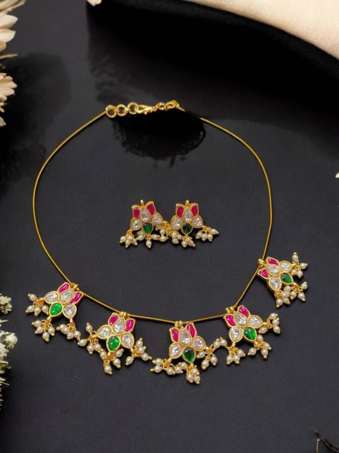 Ishhaara Gold Tone Pink White Pearl Green Beaded Lotus Kundan Jadau Neckpiece