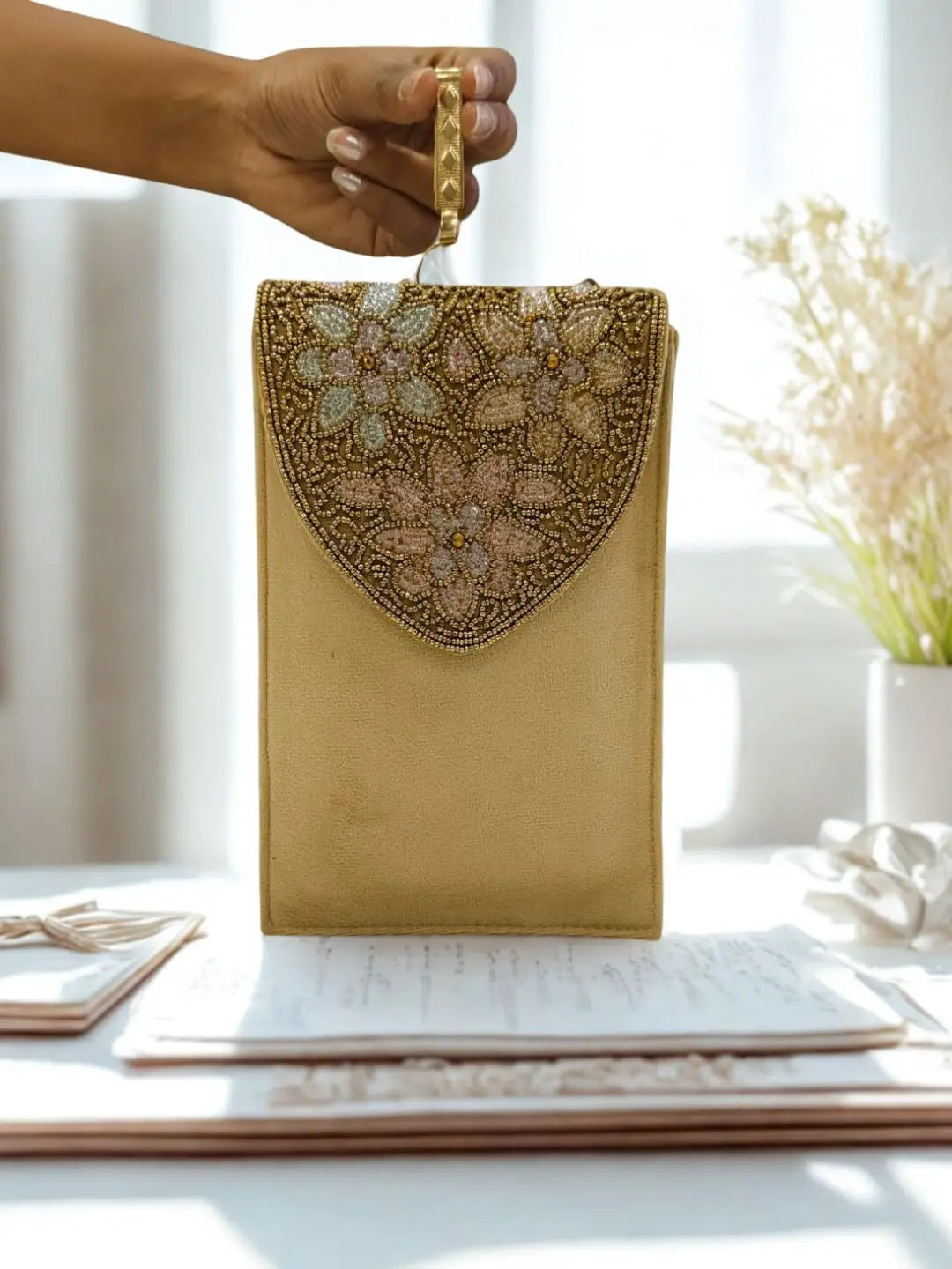 Ishhaara Gold Velvet Majesty Phone Clutch Bag