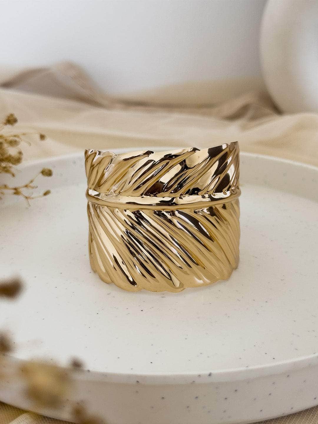 Ishhaara Gold Wide Leaf Cuff Bracelet