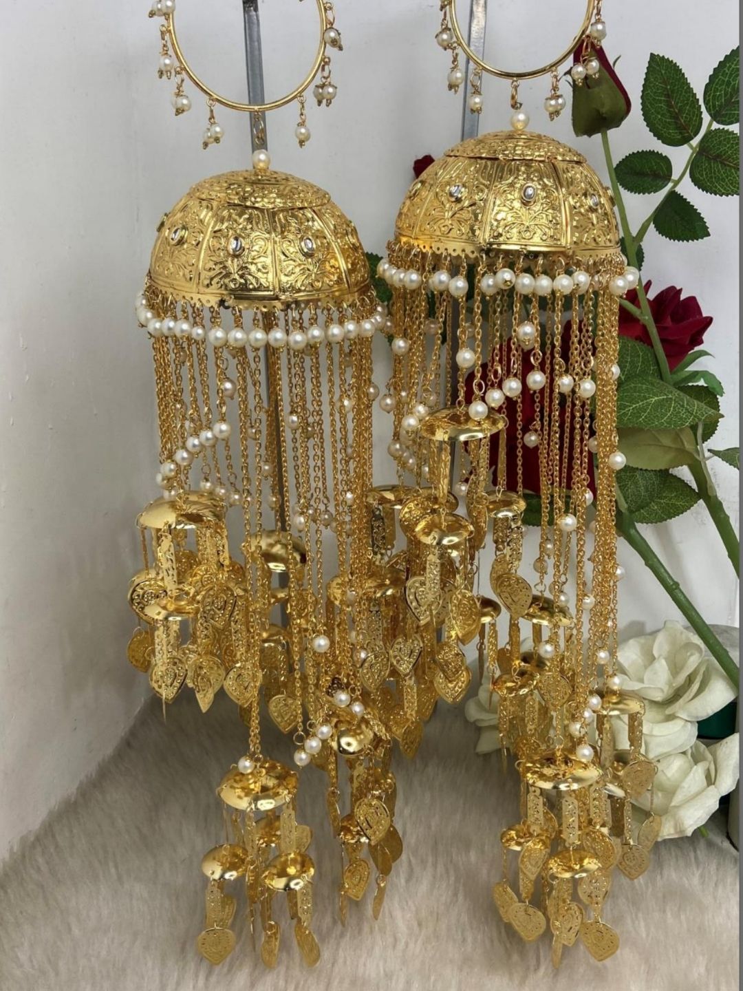 Ishhaara Golden Dome Pearl Hangings Bridal Kaleera