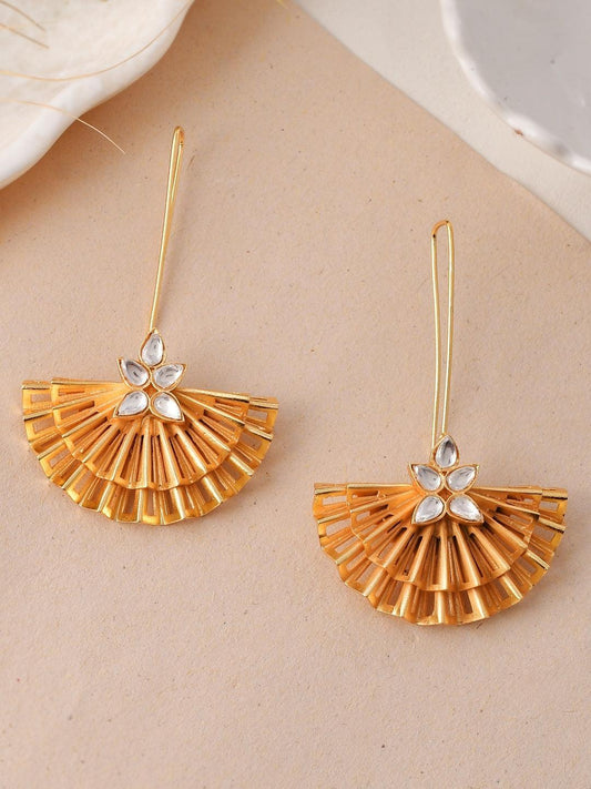 Ishhaara Golden Fan Stripped Hook Earring