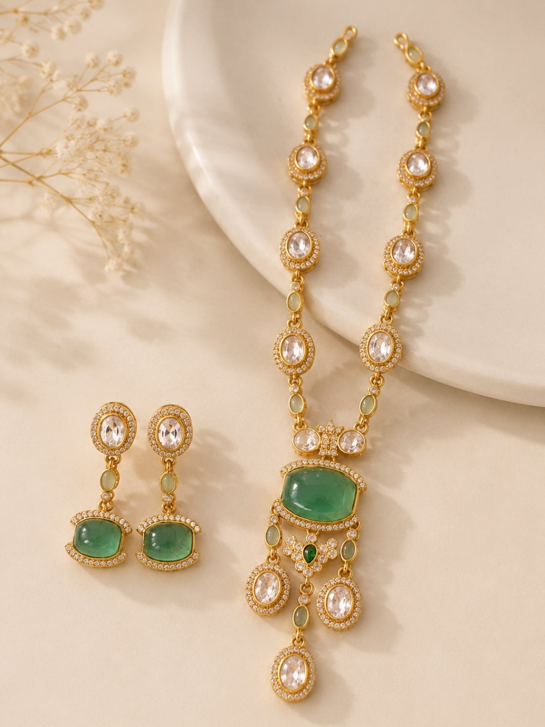 Ishhaara Golden Green Gemstone Necklace