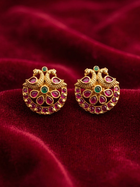 Ishhaara Golden Kempu Matte Peacock Studs