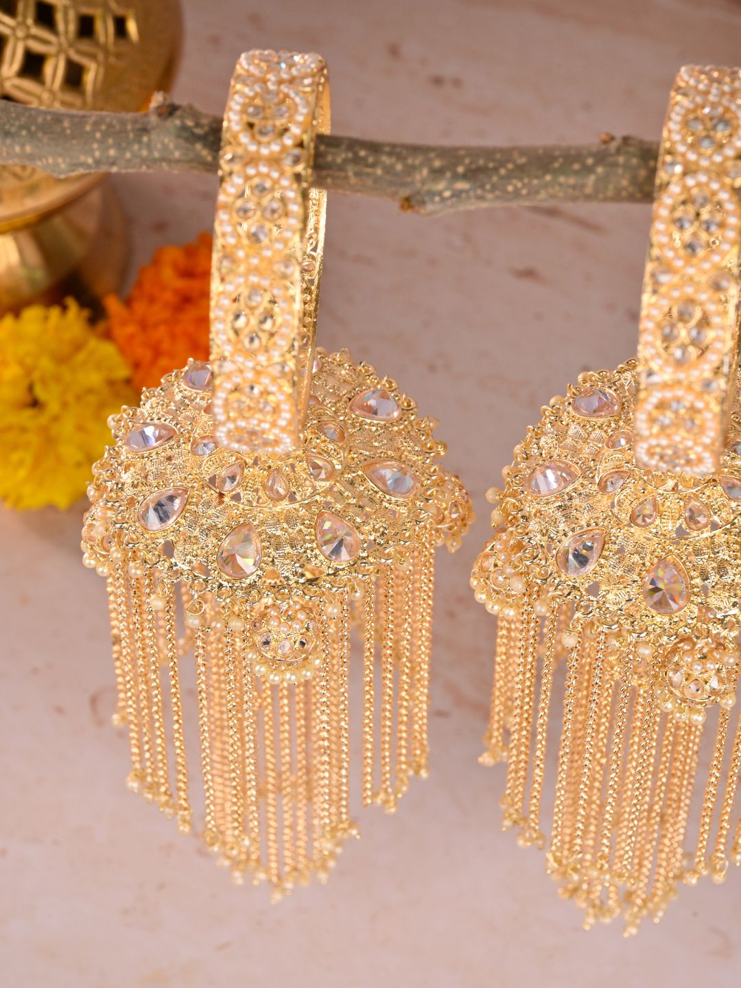 Ishhaara Golden Long Heavy Kaleera With Pearl Studded Bangles