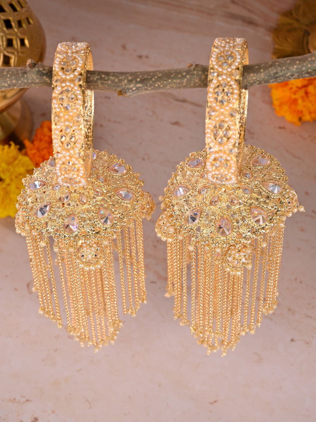 Ishhaara Golden Long Heavy Kaleera With Pearl Studded Bangles