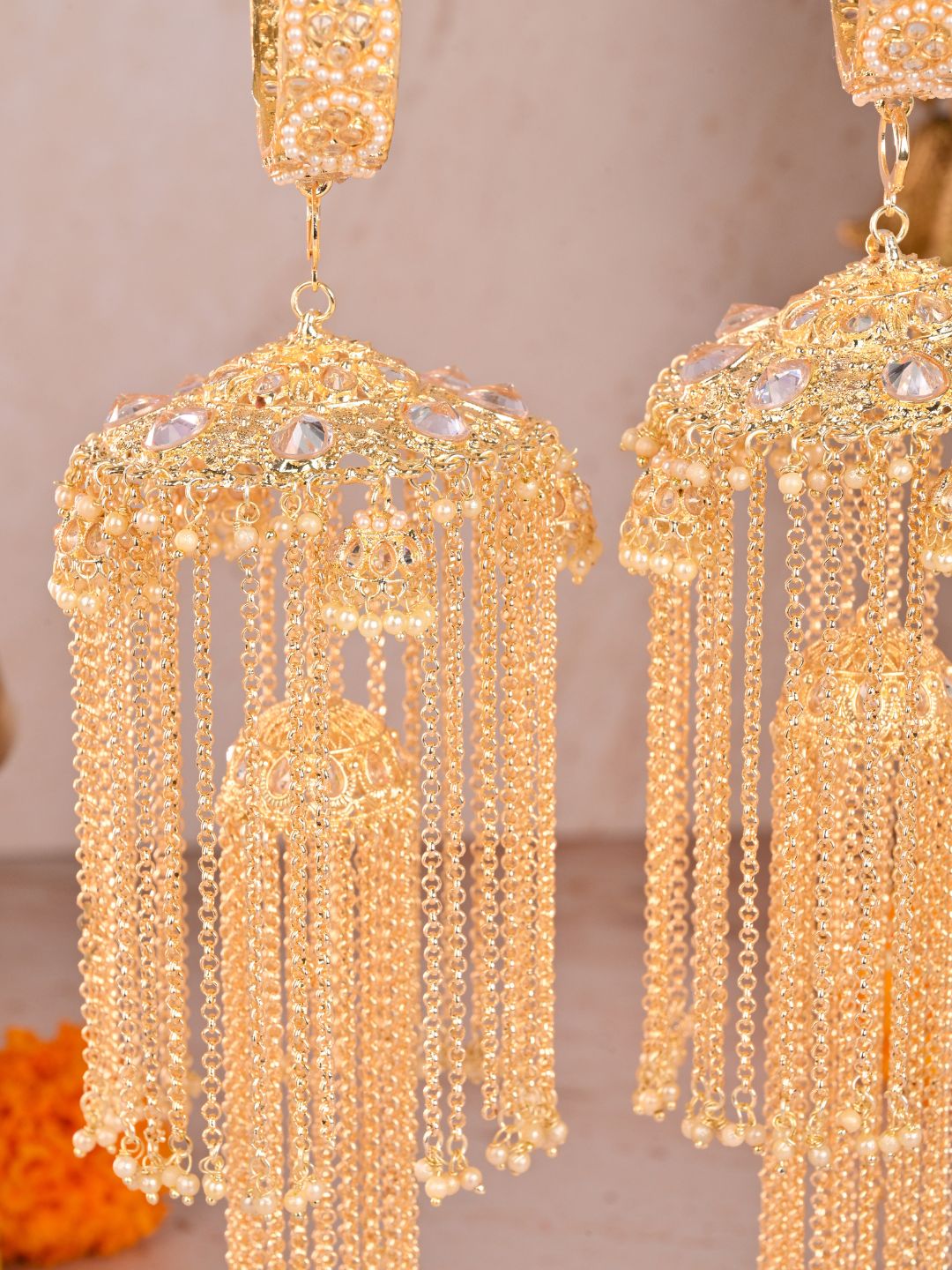 Ishhaara Golden Long Heavy Kaleera With Pearl Studded Bangles