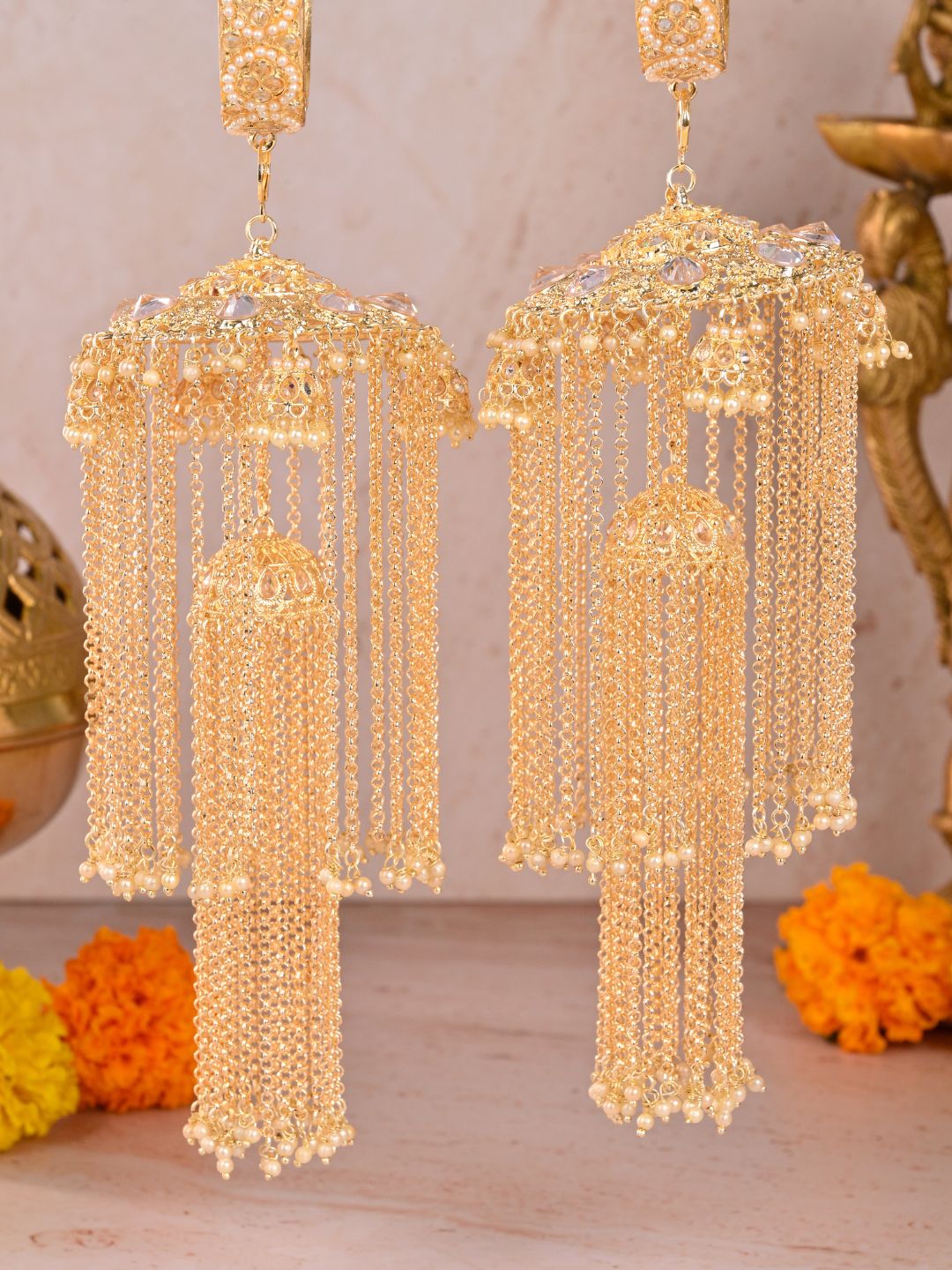 Ishhaara Golden Long Heavy Kaleera With Pearl Studded Bangles