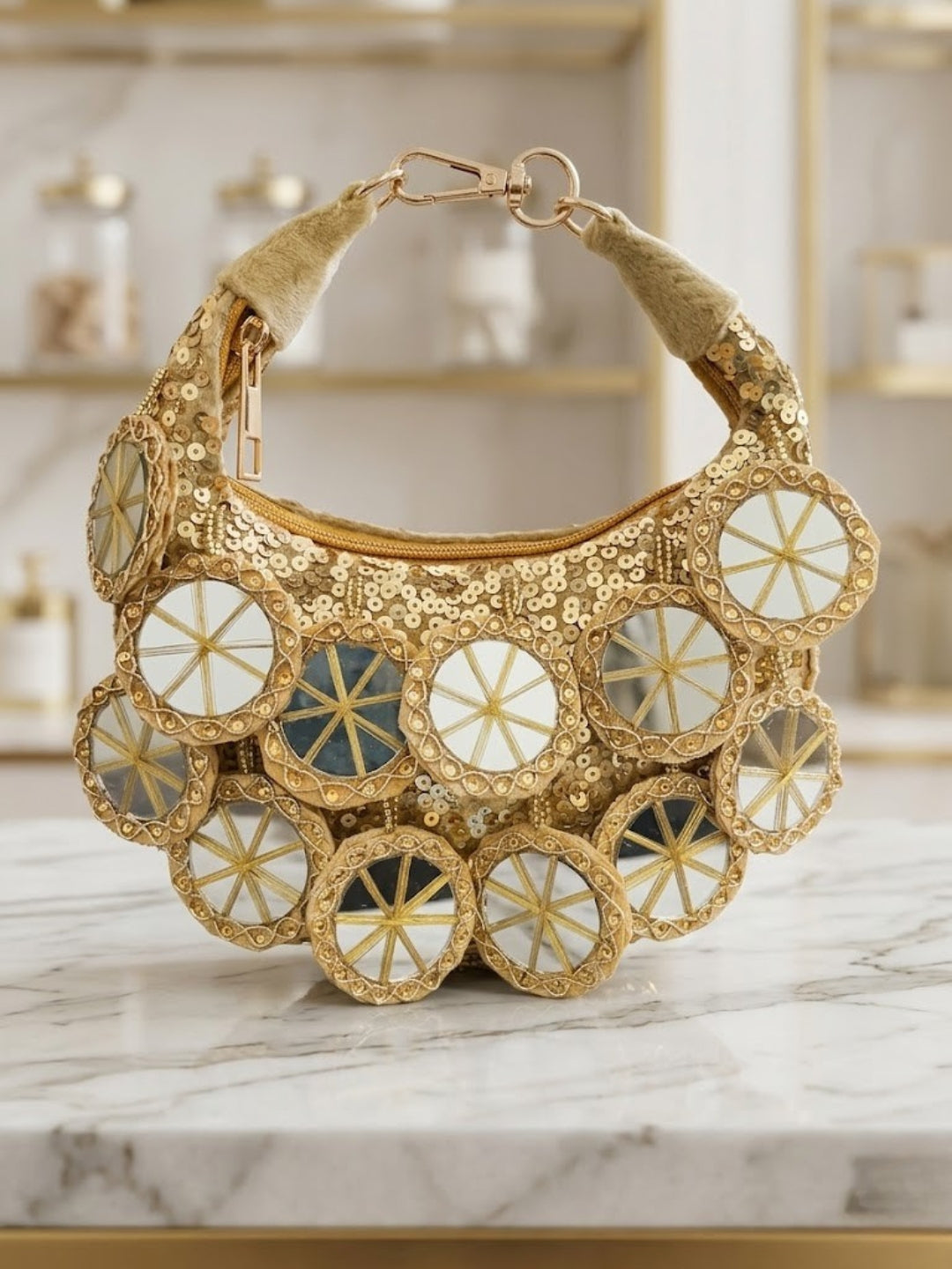 Ishhaara Golden Mirror Embellished Moon Bag
