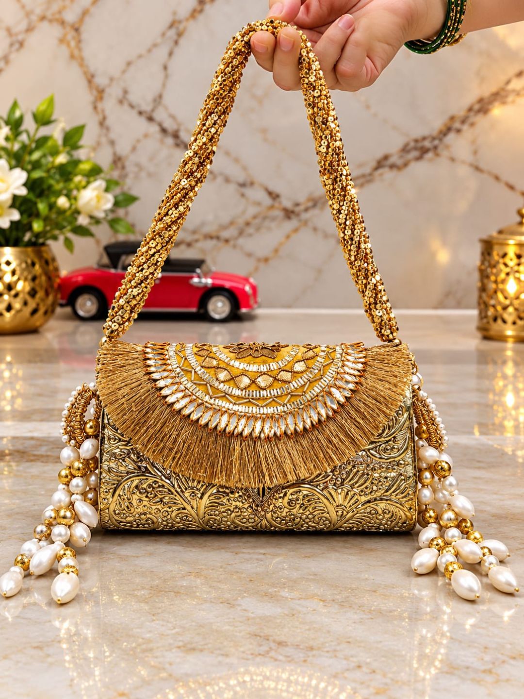 Ishhaara Golden Royale Pearl Clutch