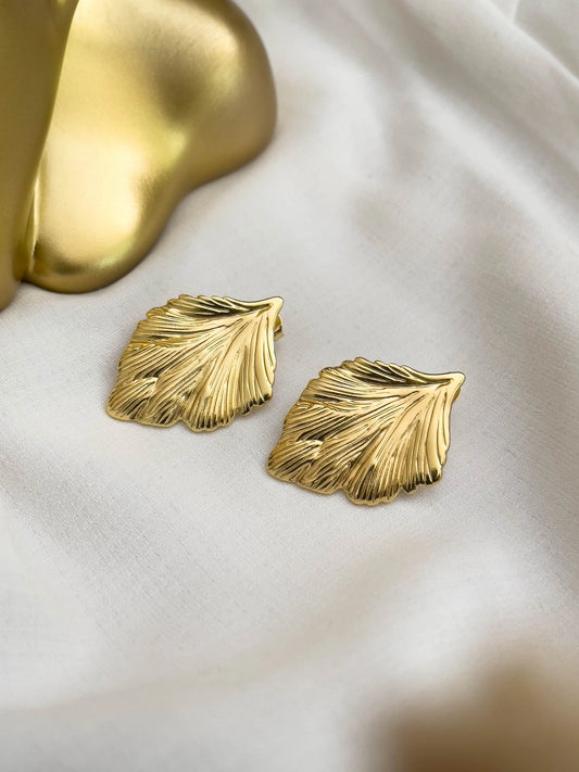 Ishhaara Golden Sculpted Leaf Stud Earrings