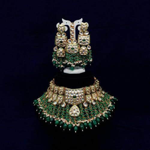 Ishhaara Green AD Kundan Rectangular Motif Coral Necklace And Earring Set
