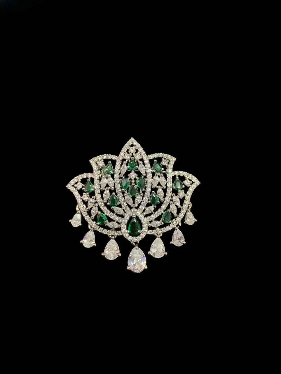 Ishhaara Green Ad Stone Studded Lotus Shaped Brooch