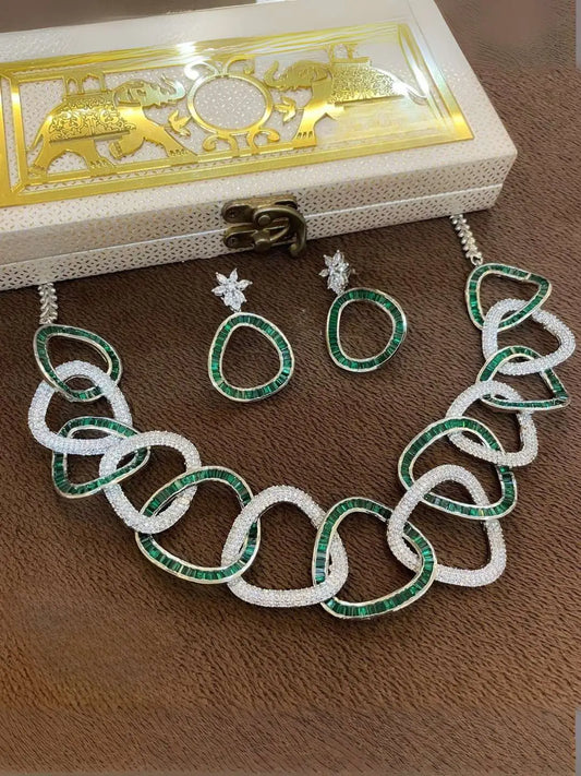 Ishhaara Green American Diamond Exquisite Necklace Set With Earrings