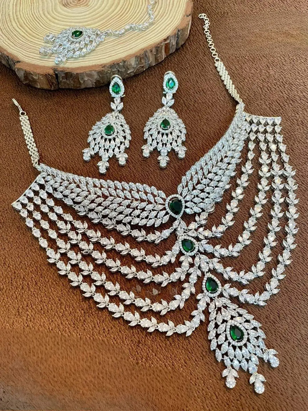 Ishhaara Green American Diamond Ruby Long Necklace With Earrings