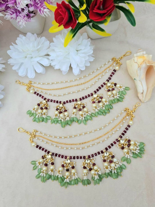 Ishhaara Green And Maroon Kundan Pearl Multilayer Ear Chain