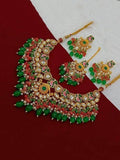 Ishhaara Green Antique Hold Meena Beads Necklace Earring And Teeka Set