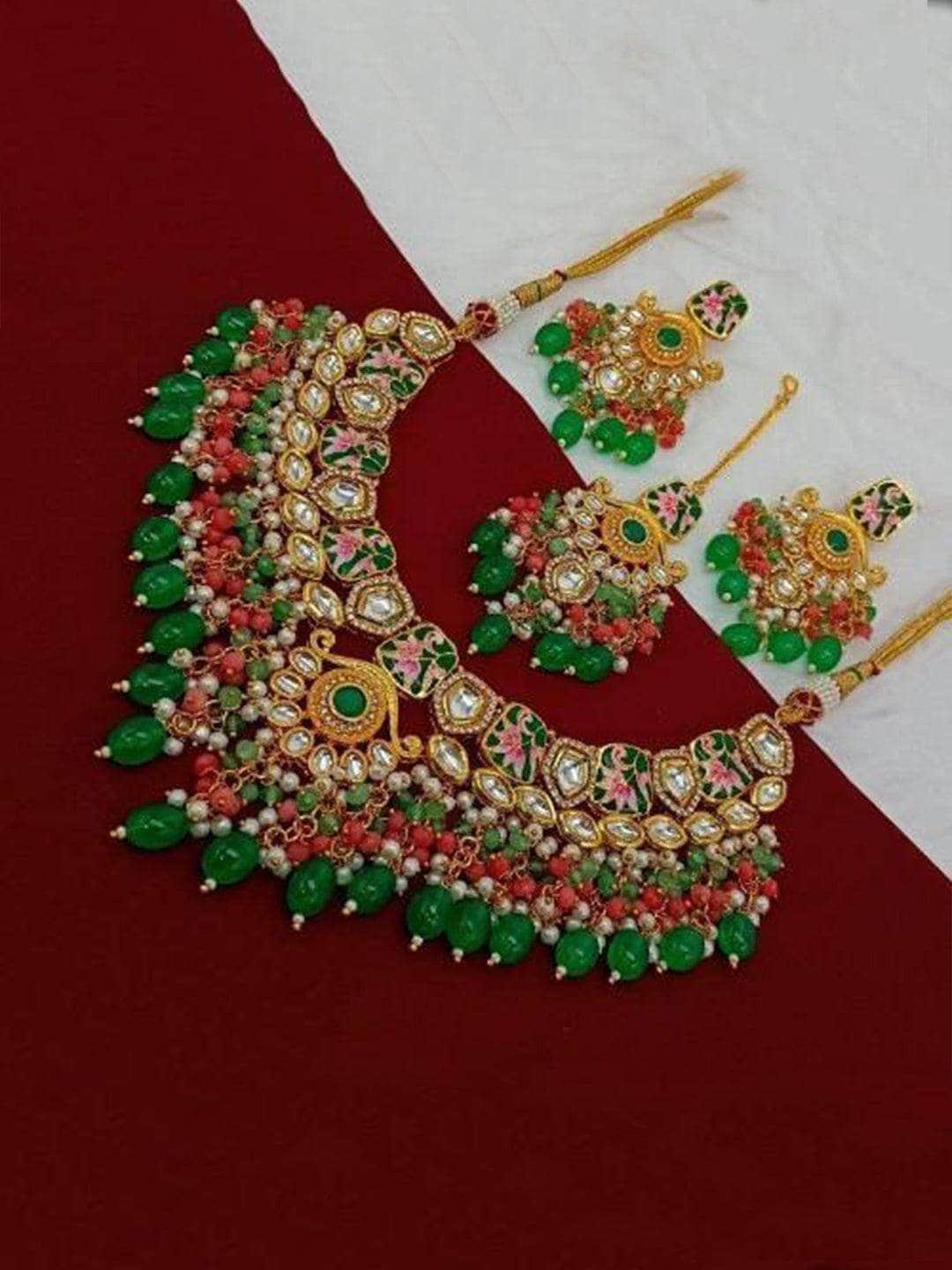 Ishhaara Antique Hold Meena Beads Necklace Earring And Teeka Set