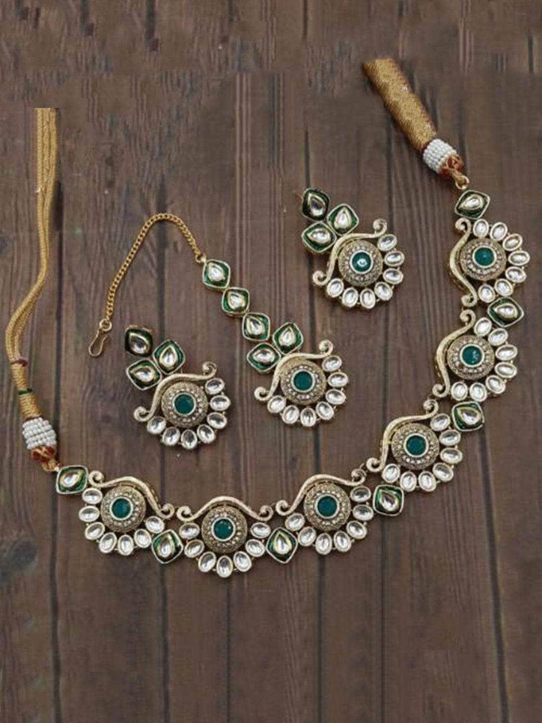 Ishhaara Antique Kundan Design Necklace Earring And Teeka Set