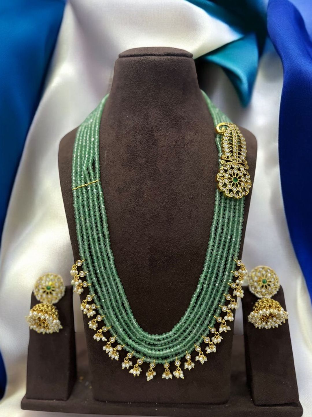 Ishhaara Green Antique Premium Finish Brass Metal Kundan Stone With Agate Beads