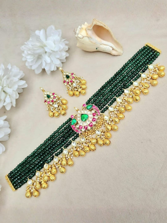 Ishhaara Green Bangle Set With Gold Bells - handcrafted Indian jewellery